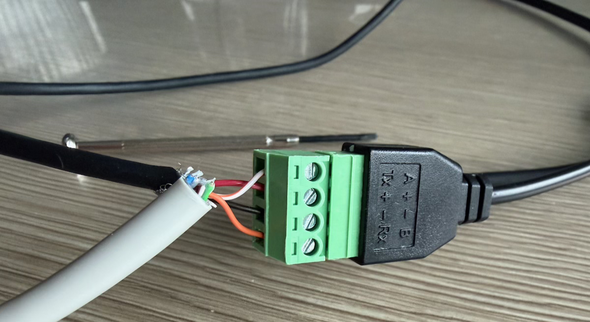 The connections wired up to the EW11&rsquo;s terminal